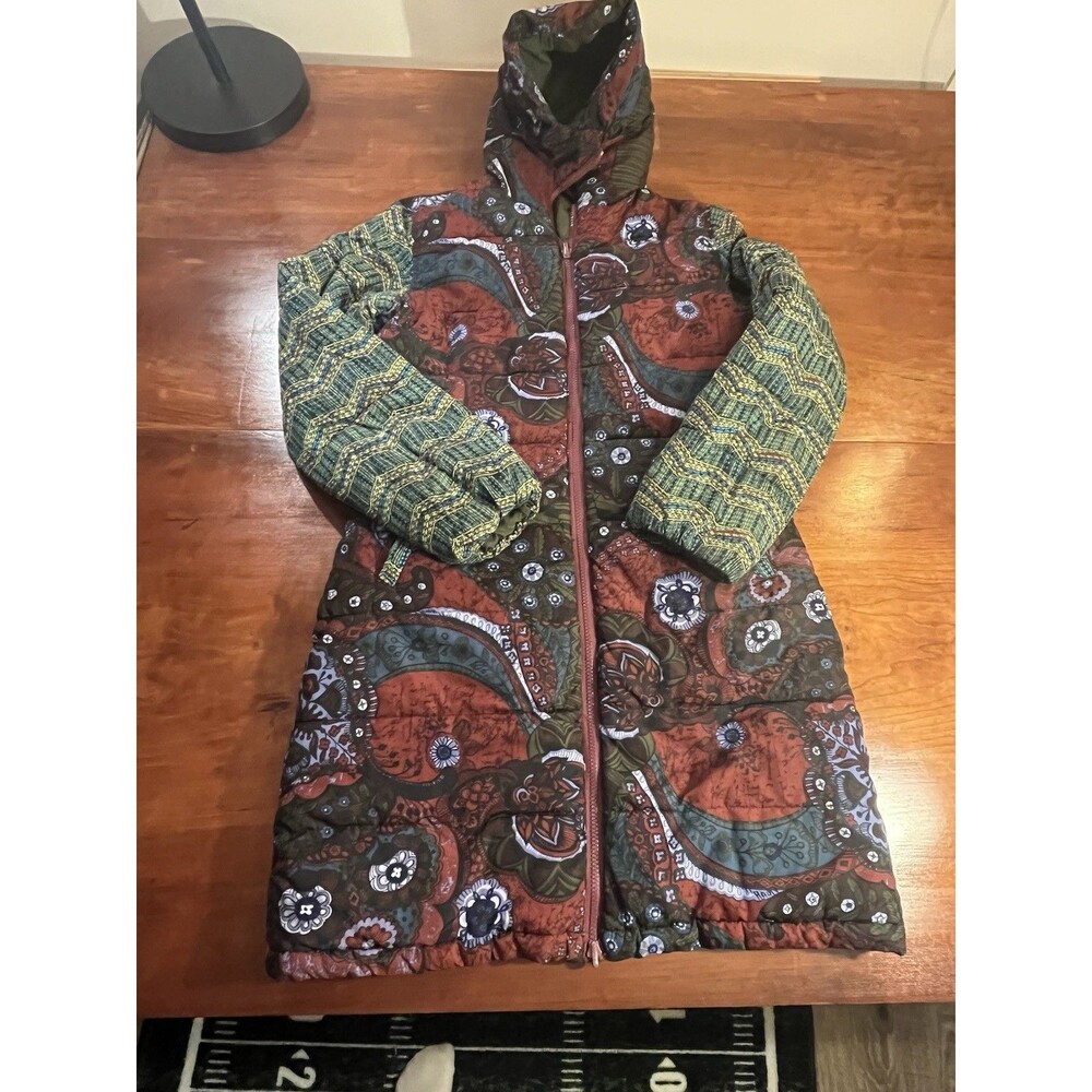 Desigual Women’s Reversible Puffer Jacket Long Green Multicolor Flaw Size M